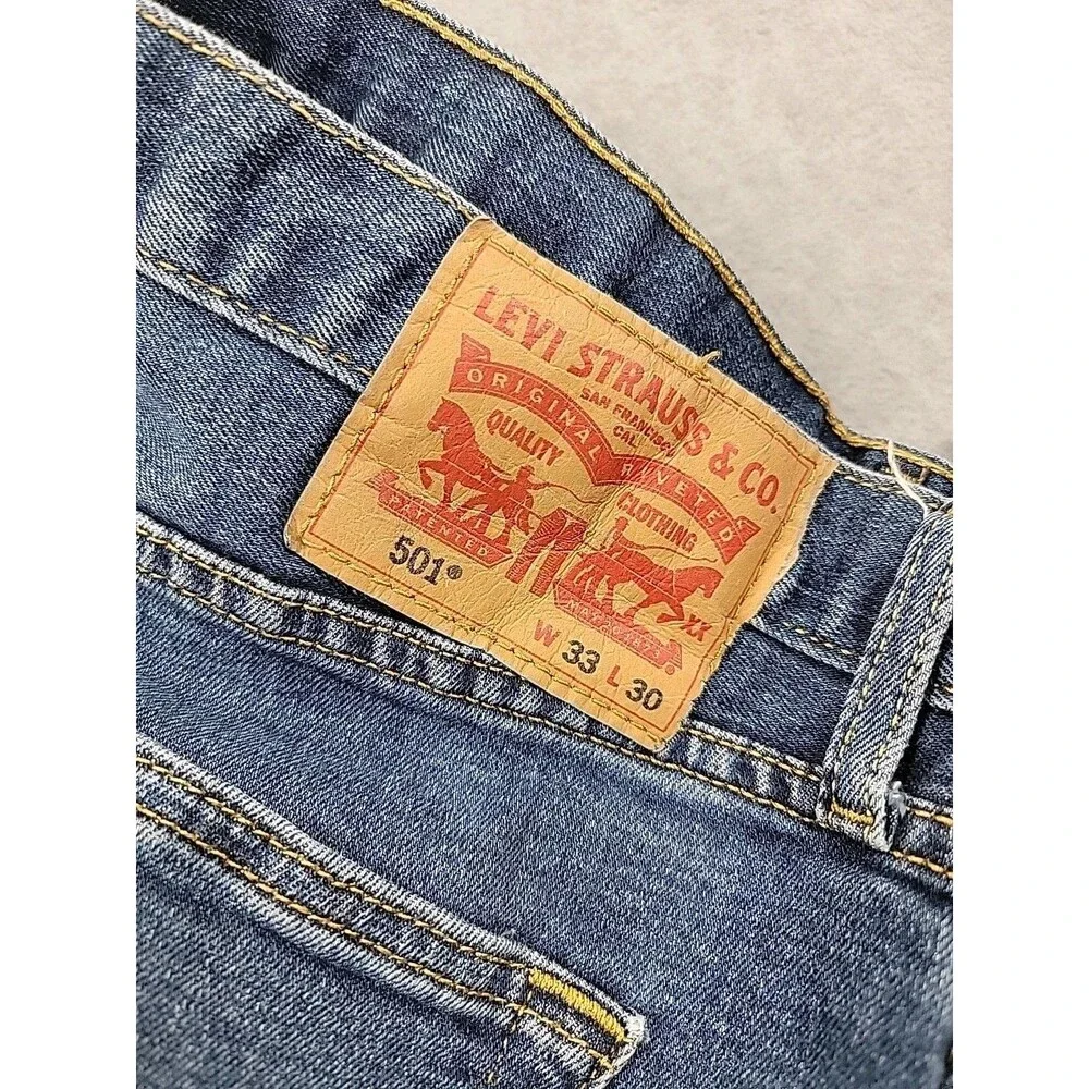 Levis Mens 501 (30x29) Jeans Straight Button Fly Mid‎ Stretch Dark Blue